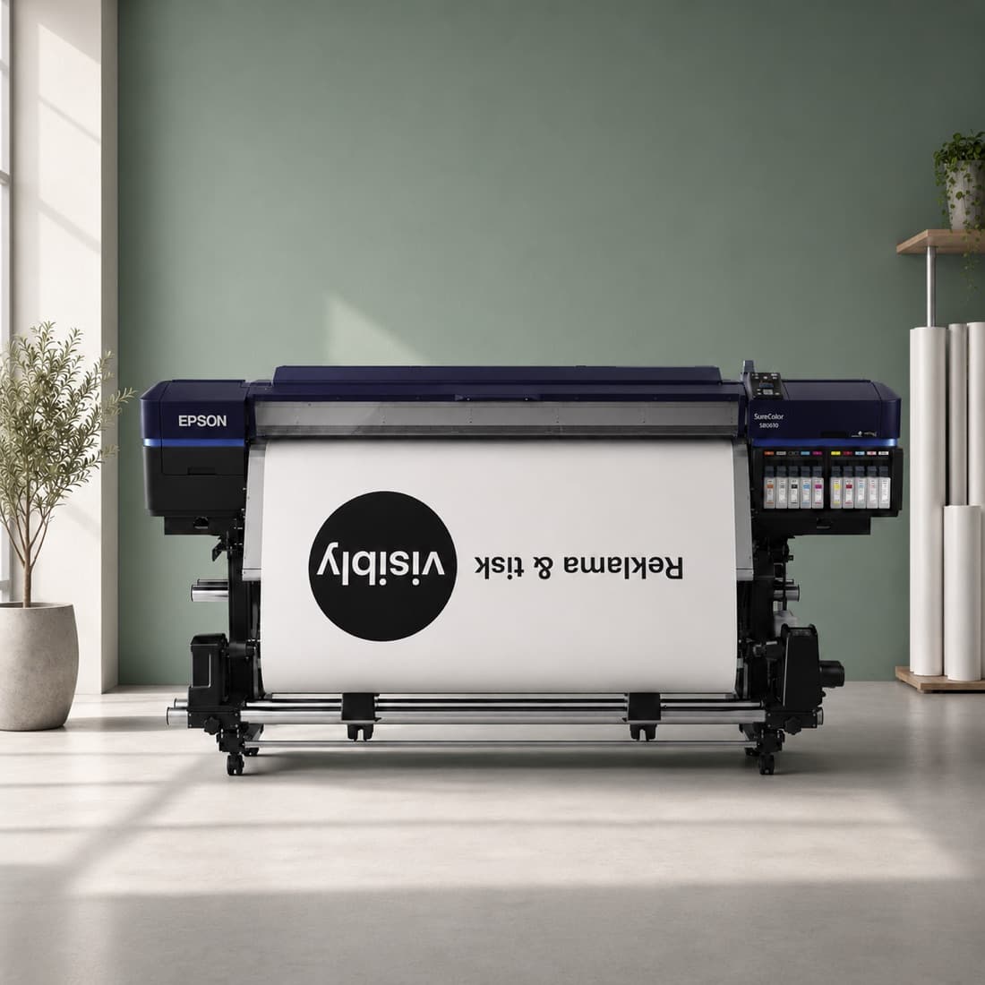 Velkoformátová tiskárna Epson SureColor při tisku v dílně Visibly
